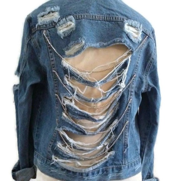 Denim Jeans Jacket Sz M Rhinestones Distress BLING Glam Punk Festival Diamonds - Picture 1 of 11